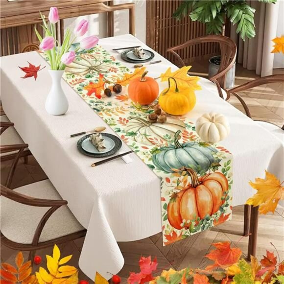 Pumpkin Eucalyptus Fall Table Runner 13x72 Thanksgiving Autumn Party Table Decor - Picture 2 of 7